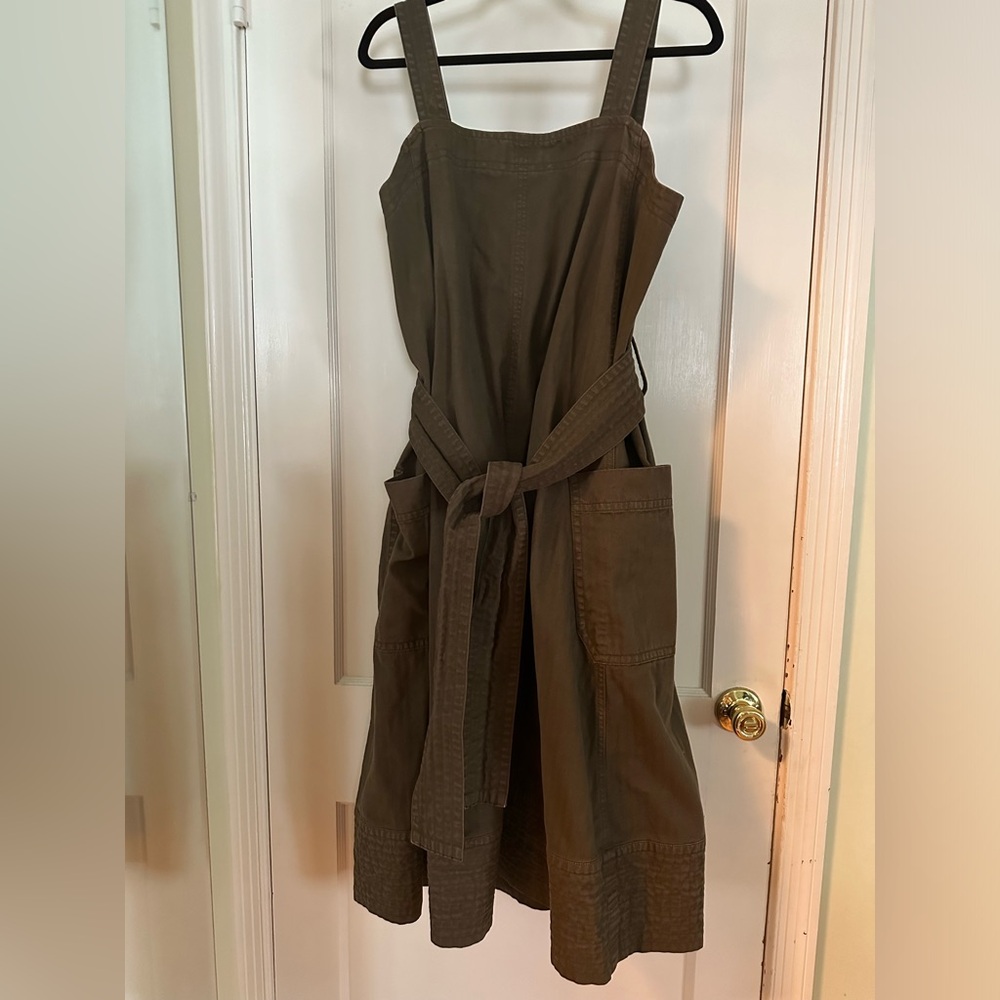 Everlane heavy cotton midi pinafore dress with sash, size L
